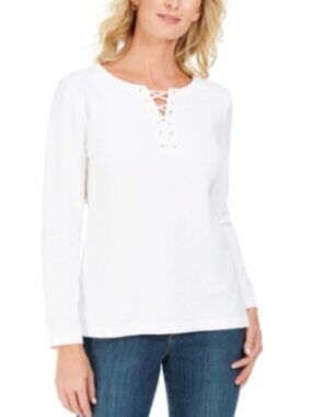 Karen Scott Women's White Lace-up French Terry Sweatshirt M